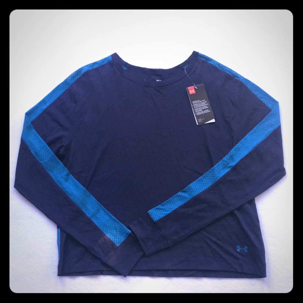 UA navy with blue perforated arm sleeves shirt